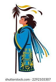 Shaman character in national blue clothes with long staff. Chukchi, Indian. Authentic ritual vector Illustration. The old Indian chief stands and looks into the distance. Isolated