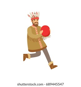 Shaman character in national clothes dancing with a tambourine, authentic ritual vector Illustration
