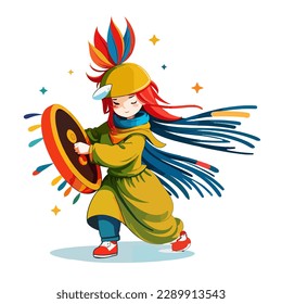 Shaman character in national clothes with a tambourine and amulets dancing a magical dance caster and magician. Chukchi, Indian. Authentic ritual vector Illustration