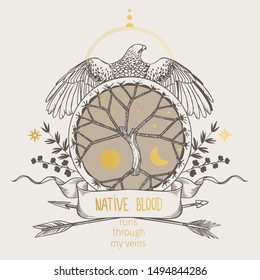 Shaman drum and eagle. Vector template with place for your text