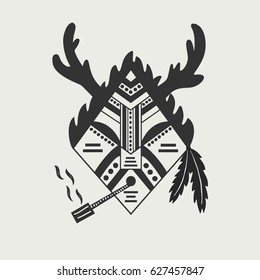 Shaman - flat illustration of abstract tribal man smoking pipe with horns, fur & feathers. Vector art. Picture made with bezier curves & simple shapes.
