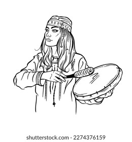 A shaman girl with a tambourine, a decorative bandage on her head. Vector illustration for a magazine, book, website.