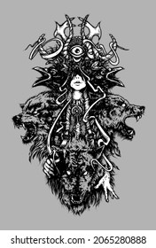 The shaman girl. Wolves and crows, witchcraft. Hand drawing for T-shirt or tattoo