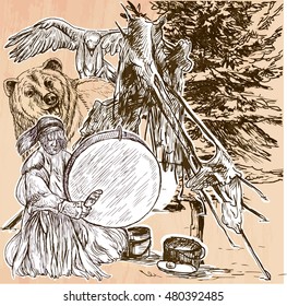 SHAMAN. Native man with drum.Drummer sitting in the forest.Near him are grizzly bear and eagle,also indian fireplace.Freehand sketching,line drawing.Hand drawn vector illustration.Line art technique.