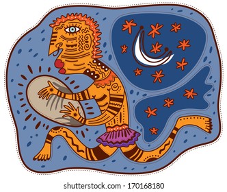 Shaman plays the tambourine at night under the moon and stars