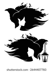 shaman sharp eared elf woman with pet raven bird holding lantern and flying in the wind  long hair black and white vector fantasy portrait