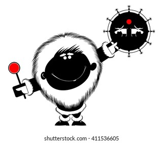 Shaman. Smiling man beats the tambourine
