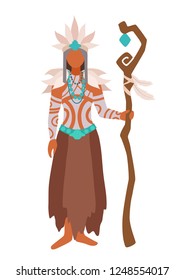 A shaman stands with a staff. Role-playing stylized image without a face. Flat cartoon design. Realistic body proportions. Vector simple style illustration isolated on white background.