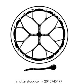 Shaman tambourine, sacred percussion instrument, pagan attribute isolated vector illustration. Shaman ritual drum.