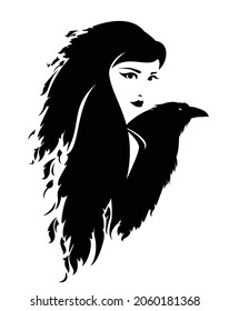 shaman witch woman with bird feather decorated long hair and pet raven black and white vector portrait