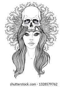 Shaman woman with a long hair and  human skull on her head. Vector  illustration with mandala background. Scary design for tattoo, hipster t-shirt design, vintage style poster.