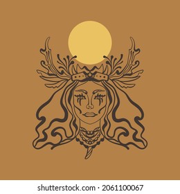 Shaman woman witch. Magical girl. Fantasy boho art.