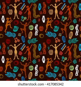 Shamanic dance. Aboriginals art motifs. Seamless vector pattern with doodle musicians. Stylized cave art drawing. Dancing girls and musical instruments. Ethnic textile collection. Colorful on brown.