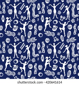 Shamanic dance. Aboriginals art motifs. Seamless vector pattern with doodle musicians. Stylized cave art drawing. Dancing girls and musical instruments. Ethnic textile collection. White on dark blue.