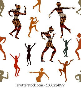 Shamanic dance. Seamless vector pattern with dancing people. Trendy ethnic design witn African art motifs for textile, cards, covers. On white background.