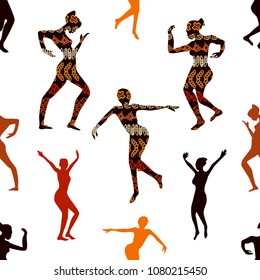 Shamanic dance. Seamless vector pattern with dancing people. Trendy ethnic design witn aboriginal art motifs for textile, cards, covers. On white background.