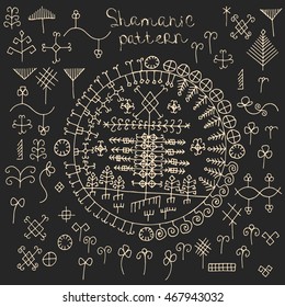 Shamanic drawing pattern set ethnic style symbols paganism ancient.