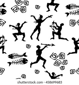 Shamanic hunting. Aboriginals art motifs. Seamless vector pattern with doodle people. Stylized cave art drawing. Ethnic textile collection. Black on white.