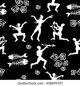 Shamanic hunting. Aboriginals art motifs. Seamless vector pattern with doodle people. Stylized cave art drawing. Ethnic textile collection. White on black.