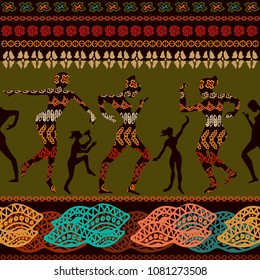 Shamanic magic dance. Seamless vector border with dancing people. Trendy ethnic design witn African art motifs for textile, cards, covers. On green background.