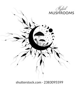 Shamanic magic mushrooms, Mystical Amanita Muscaria with moon phases and stars. Witchcraft  Dreamcatcher symbol, witchy esoteric fungus logo tattoo. Celestial wiccan clipart isolated, white background