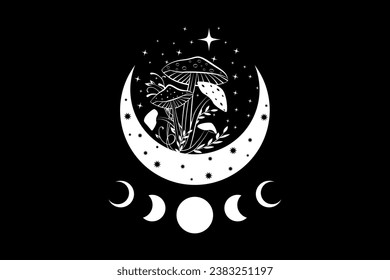 Shamanic magic mushrooms, Mystical Amanita Muscaria with moon phases and stars. Witchcraft crescent moon symbol, witchy esoteric fungus logo tattoo. Celestial wiccan clipart isolated, black background