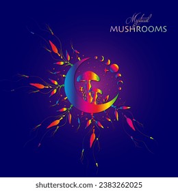 Shamanic magic mushrooms, Mystical Amanita Muscaria with moon phases and stars. Witchcraft  Psychedelic Dreamcatcher symbol, witchy esoteric fungus. Celestial colorful clipart isolated blue background