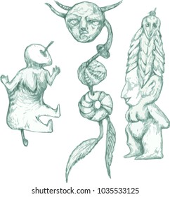 shamanic objects, a set of images. ritual and ethnic artifacts. northern motifs, vector.
