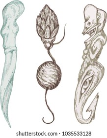 shamanic objects, a set of images. ritual and ethnic artifacts. northern motifs, vector.
