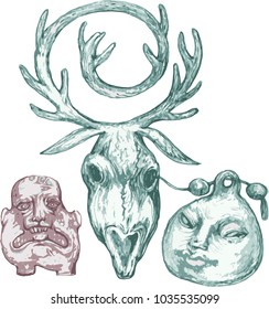 shamanic objects, a set of images. ritual and ethnic artifacts. northern motifs, vector.