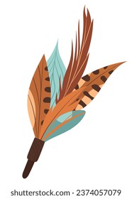 Ventilador de manchas chamánicas con diferentes plumas, objeto ceremonial, ilustración vectorial aislada en estilo plano