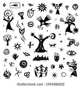 shaman,magician fairytale character - graphic icon set,doodles