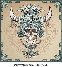 The shaman's mummy, human skull in magic clothes with animal horns. Boho design, Indian motives.  Background - imitation of old paper, a decorative frame. Vector illustration.