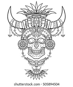  The shaman's mummy, human skull in magic clothes with animal horns. Boho design, Indian motives. Linear drawing isolated on a white background. Vector illustration, be used for coloring book.