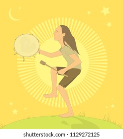 "Shaman"-vector illustration of a long haired Indian man with closed eyes dancind barefoot and beating  a tambourine during magic ritual with an immense rising sun on the background. Cartoon style.