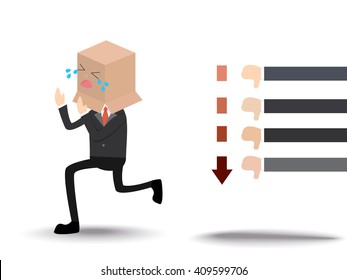 shame businessman with cry face on cardboard box on his head run away from negative feedback