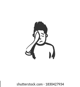 Shame Feeling Icon. Ashamed Or Disappointed Man. Outline Sketch Drawing. Human Emotions And Feelings Concept. Tiredness, Headache, Shyness Expression. Isolated Vector Illustration