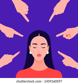Shame. Hands of different people point to the girl. Portrait of a young woman. Alien opinion and the pressure of society.Vector flat illustration