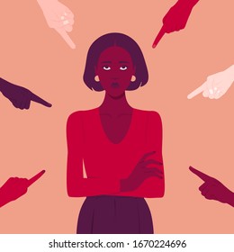 The shame. Hands of different people point to the girl adult. Portrait of a young woman. Different opinions and the pressure of society.Vector flat illustration