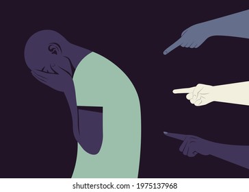 The shame. Hands of different people point to the crying African man. Bankrupt. The pressure of society. Vector flat illustration