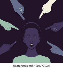 The shame. Hands of different people point to the young African woman. Portrait of crying student. Bullying. Different opinions and the pressure of society. Vector flat illustration