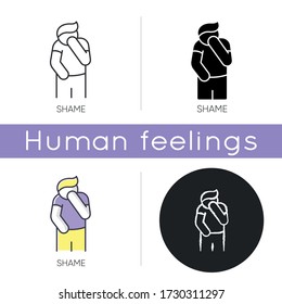 Shame icon. Human feeling embarrassed. Social emotion of guilt. Moral toxic feeling. Mental health issue. Psychological trauma. Linear black and RGB color styles. Isolated vector illustrations