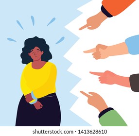 Shame - modern colorful flat design style illustration on white background. A composition with a sad girl feeling guilty or being bullied, fingers pointing at her. Psychological problems concept