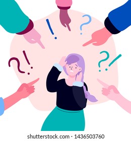 Shame - modern colorful flat design style illustration on white background. A composition with a sad girl feeling guilty or being bullied, fingers pointing at her, exclamation and question marks