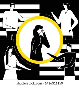 Shame - modern vector flat design style illustration. Black, white and yellow composition with a girl feeling ashamed, standing alone in the circle of attention. Psychological problems concept