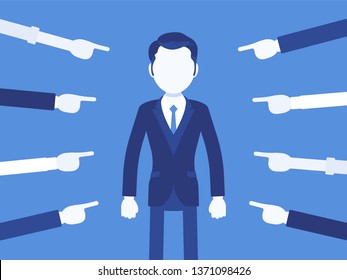 Shame on you, guilty man. Male manager in painful feeling of humiliation or distress, wrong foolish behaviour, loss of respect, dishonour pointed by fingers. Vector illustration, faceless characters