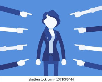 Shame on you, guilty woman. Female manager in painful feeling of humiliation, distress, wrong foolish behaviour, loss of respect, dishonour pointed by fingers. Vector illustration, faceless characters