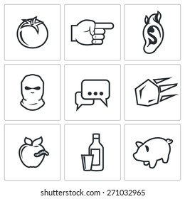 Shame, ridicule icons: throwing tomatoes, point fingers, burning with shame, hiding, gossip, throwing stones, rotten, drunk, slut. Vector Illustration.