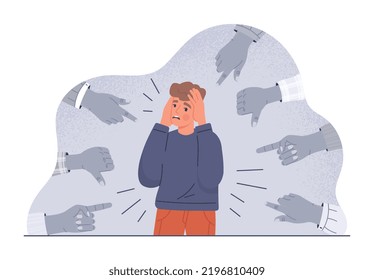 Shamed young guy. Man covers his head with his hands, fingers point to character. Bullying and insults, shame. Mental health and psychological problems concept. Cartoon flat vector illustration