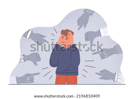 Shamed young guy. Man covers his head with his hands, fingers point to character. Bullying and insults, shame. Mental health and psychological problems concept. Cartoon flat vector illustration
